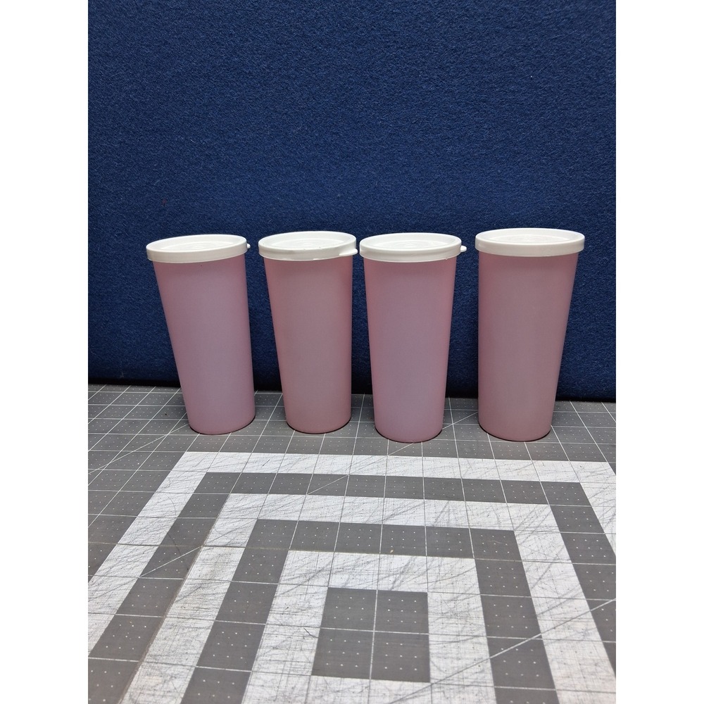 Tupperware 12 oz Tumbler Set Pink 4 Piece Vintage 115 11 with White Lids 296 33